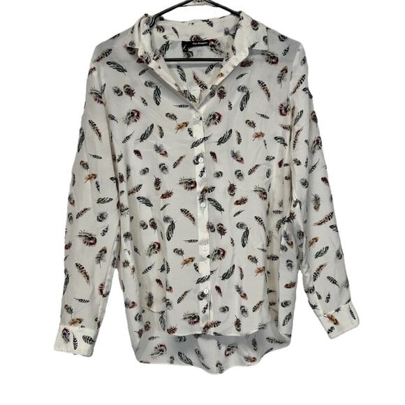 The‎ Kooples 100% Silk Cream Multicolor Boho Feather Print Button Down Top Sz S - Picture 2 of 12